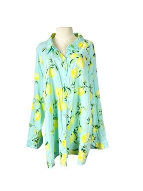Belle Kim Gravel size 4X Aqua Yellow Lemon Linen Blend Long Sleeve Button Up Top